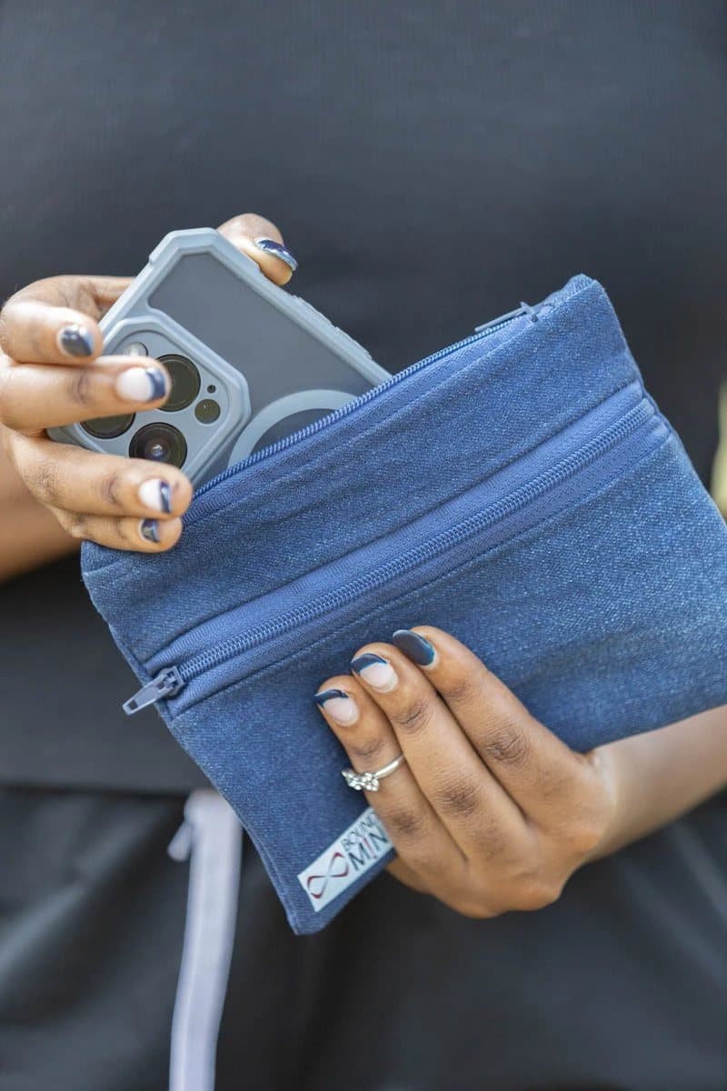 Small wallet — recycled denim, made by Boundless Minds