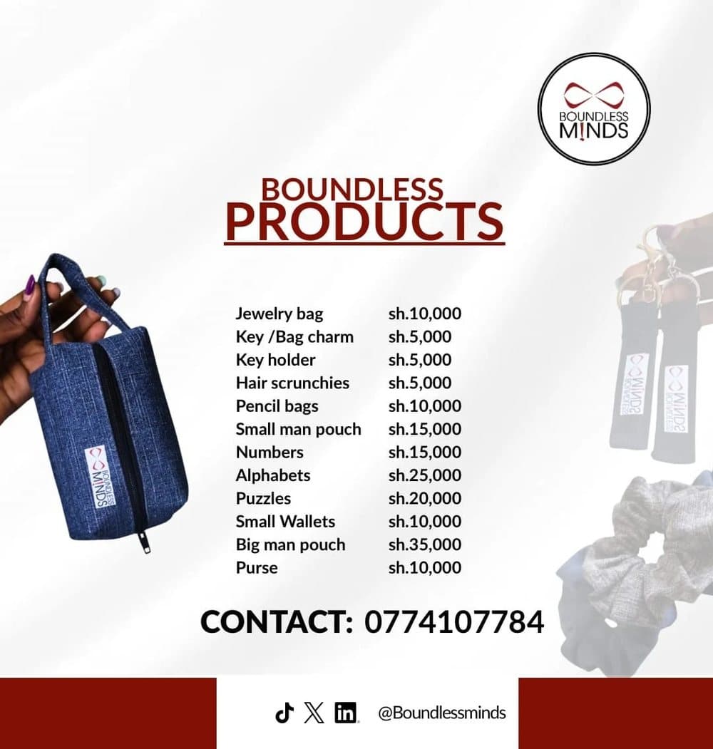 Boundless products price list poster, all prices in Uganda Shillings